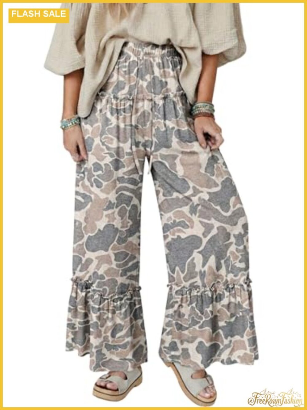 Women's Camo Print Wide Leg Pants Drawstring Flowy Lounge Trousers